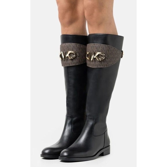MICHAEL MICHAEL KORS Women s Leather Black Logo Izzy Tall Boots Size 8M Shoes